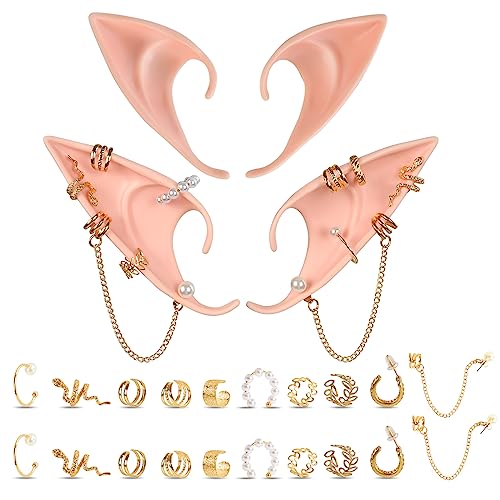 Elf Ears Piercings Earring Cuffs - Halloween Fairy Pixie Soft Pointed Ear with Gold Hoop Pearl Earrings Chain Set,Christmas Party Dress Up Vampire Tips Anime Accessories - Gold-A