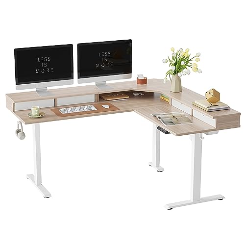 FEZIBO 63" L Shaped Standing Desk with 4 Drawers, Electric Standing Gaming Desk Adjustable Height, Corner Stand up Desk with Splice Board, White Frame/Light Walnut Top