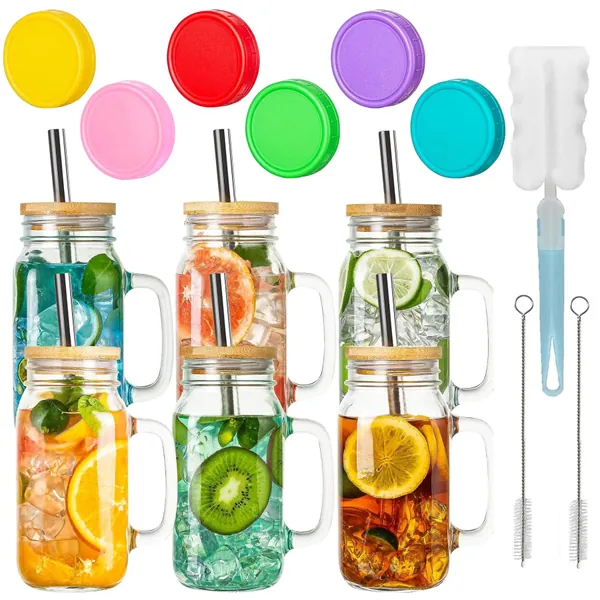 Mason Jars with Handle, 6 Pack 24oz Drinking Glass Cups with Bamboo Lids and Straws, Mason Jar Mugs, Travel Tumbler for Iced Coffee, Smoothie, Juice