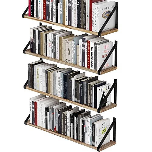 Wallniture Bora Floating Shelves, 24”x6”, Set of 4, Small Bookshelf Unit for Living Room, Office, Bedroom, Natural Burned Rustic Wood Wall Decor with Metal Shelf Bracket