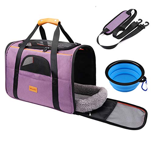 morpilot Transportín Perro Gato, Bolsa Transporte Plegable para Mascotas, Portador de Viaje para Perro y Gato con Correa de Hombro Ajustable + Tazón Plegable, Bolsa de Malla Transpirable para Avion - violeta - Medium