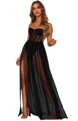 JFAN Vestido Largo de Malla para Mujer Lencería Transparente Vestido Largo Sexy sin Mangas Vestido Largo de Reina del Baile - Negro - L