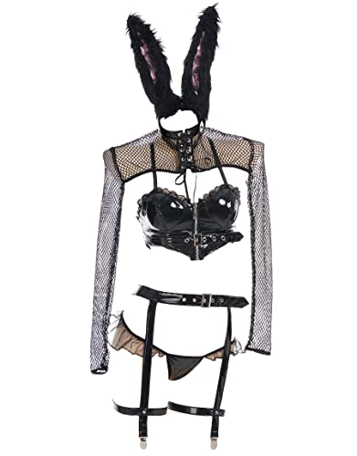 MEOWCOS Conjunto de lencería sexy para mujer, traje de encaje hueco translúcido, traje gótico con medias y banda para el cabello - Negro - L