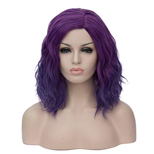 SYMALL 14" 36CM Peluca Corta Rizada de Pelo Medio Largo Rizado Ondulado para Mujer Cosplay Fiesta Peluca Sintética de Moda Calor Resistente, Morado Oscuro