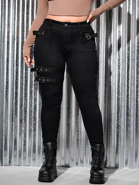 SHEIN Plus Grommet Eyelet Strap Detail Skinny Jeans