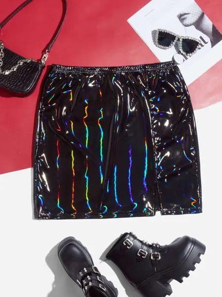 ROMWE PUNK Plus Split Hem PU Leather Skirt