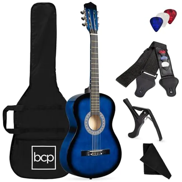 Best Choice Products 38in Beginner All Wood Acoustic Guitar Starter Kit w/Gig Bag, 6 Celluloid Picks, Nylon Strings, Capo, Cloth, Strap w/Pick Holder - Blue