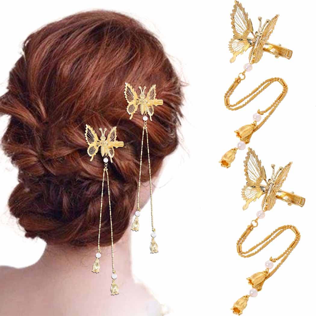 Bartosi 2 Pieces Tassel Hair Clips Butterfly Hair Barrettes Gold Metal Fashionable Hairpins Decorative Hair Pins Hair Accessories for Women Girls - Gold