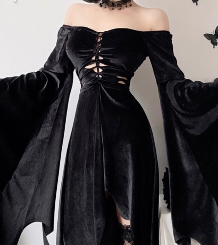 暗黑哥特万圣节服装女巫婆长裙吸血鬼新娘装黑色连衣裙