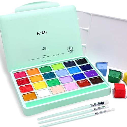 HIMI Gouache Paint Set, 24 Colors x 30ml Unique Jelly Cup Design with 3 Paint Brushes and a Palette in a Carrying Case, Non-Toxic Gouache Paint Perfect for Artists, Students(Green) - Green