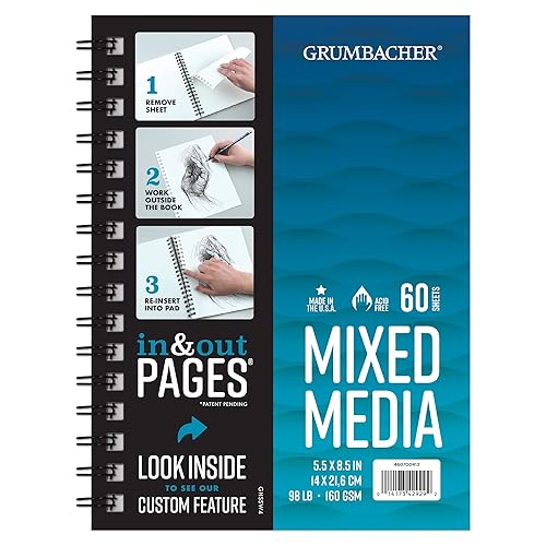 Grumbacher 5.5" x 8.5" Mixed Media Paper Pad with in & Out Pages, 98 lb. / 160 GSM, Side Wire Bound, 60 White Sheets/Pad, 1 Each - 5.5 x 8.5 Inches - 60 Sheets, Side Wire Bound