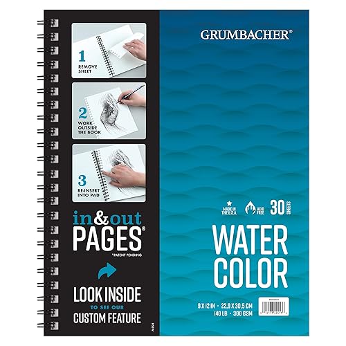 Grumbacher 9" x 12" Cold Press Watercolor Paper Pad with In & Out Pages, 140 lb. / 300 GSM, Side Wire Bound, 30 Sheets/Pad, 1 Each, White - 9 x 12 Inches - Watercolor with In & Out Pages, 30 Sheets