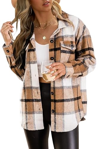 Trendy Queen Womens Flannel Shacket Jacket Casual Plaid Wool Blend Button Down Long Sleeve Shirt Fall Clothes Outfits 2022 - Bluebrown Medium