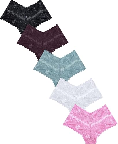 FINETOO Sexy Underwear for Women V-Waist Shorts Women' s Underwear Lightweight Soft Lace High Waist Panties 5 Pack - Large - B 5 Pack (Black*1 White*1 Dark Red*1 Blue*1 Pink*1)