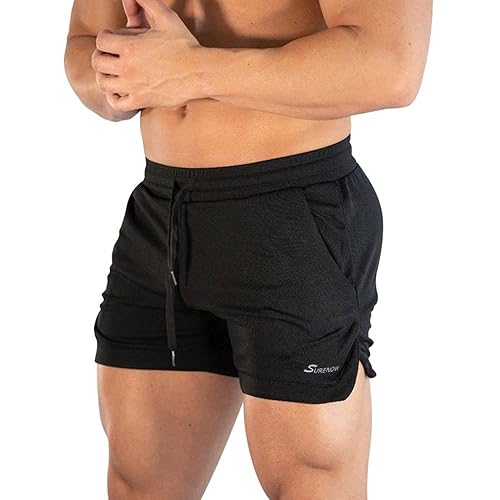 Surenow Mens Running Gym Shorts 3 Inch Breathable Lightweight Athletic Sport Shorts Training Workout Shorts with Pockets - Medium - Black