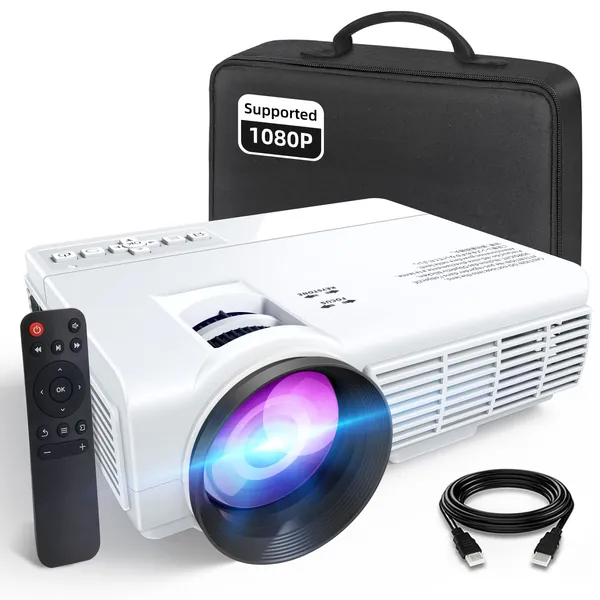 9000 Lumens Mini Projector, 1080P Supported and 200'' Display, Portable Movie Outdoor Projector w/ 50,000 Hrs LED Lamp Life, Compatible with TV Stick, HDMI, VGA, TF and USB