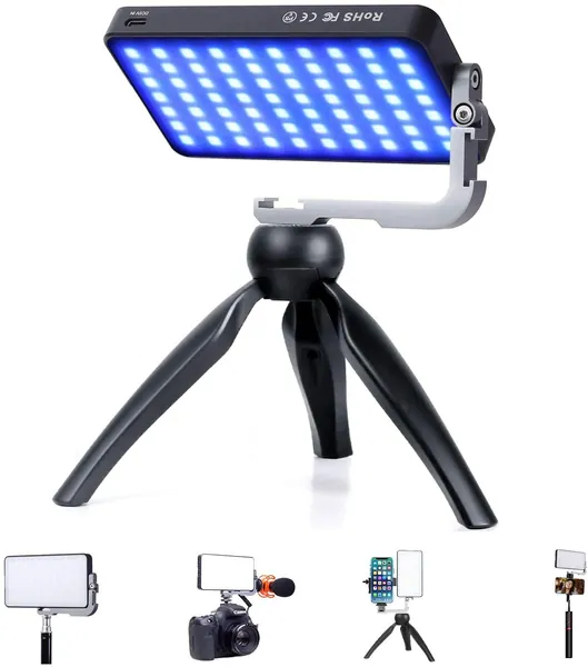 IVISII G2 Pocket RGB Camera Light,32Wh Built-in 4300mAh Rechargeable Battery 360°Full Color Gamut 9 Light Effects,2600-10000K LED Video Light Panel with Aluminum Alloy Body, Adjustable Tripod Stand