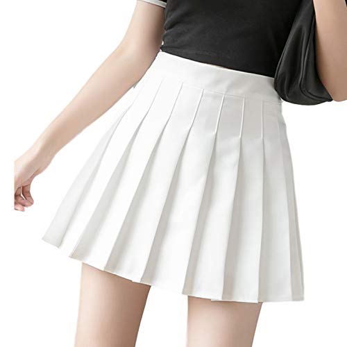 Women's Girls High Waisted Plain Pleated Skirt Skater Tennis School Uniforms A-line Mini Skirt Lining Shorts - White - Medium