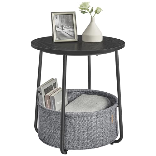 VASAGLE Side Table, Round End Table with Fabric Basket, Spacious, for Living Room Bedroom, Bedside Table, Modern Style, Ebony Black and Slate Grey LET223B01 - Ebony Black + Slate Grey