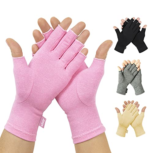 Vive Pink Arthritis Hand Compression Gloves - Comfortable Fit for Men and Women - Open Finger for Rheumatoid, Osteoarthritis and Computer Typing Pain - Carpal Tunnel Support - Moisture Wicking Fabric - Pink - Medium