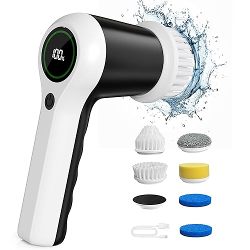 PUFTEM Electric Spin Scrubber, Cordless Shower Scrubber with Battery Level Display, 2 Speeds Electric Scrubber for Cleaning with 6 Replaceable Heads, Electric Cleaning Brush for Bathroom/Sink/Window - White