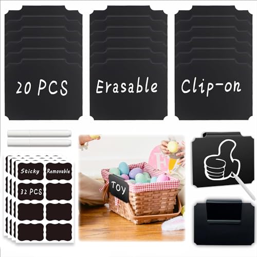 54-Piece Set of Basket Labels Clip On For Storage Bins: 20 Erasable Plastic Kitchen Pantry Labels, 32 Removable PVC Tag Stickers, 2 White Chalk Markers, For Organization Container, Jar, Shelf, Laundry - 20