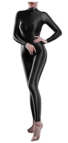 Yaaapiy Woman's yoga Sheer Shiny Bodystocking yoga motion Lingerie Skin Tight Elastic High Neck Long Sleeve Zipper Crotch Bodysuit Catsuit - black
