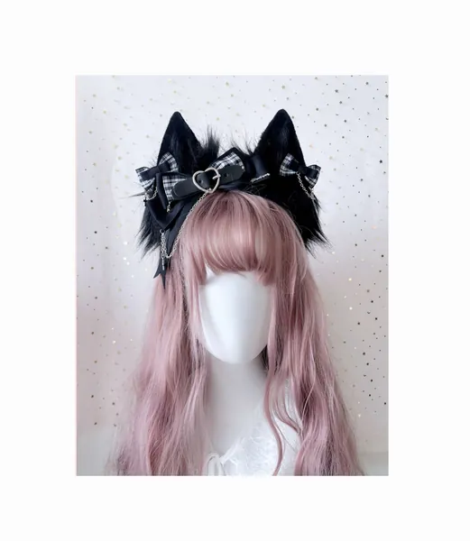 Steampunk Gothic Girly Black Cat Ears Headband with Black White Plaid Bow, Cosplay Anime Lolita Cat Ears Headband Hairband Hair Accessories