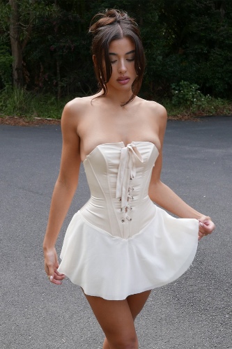 Strapless Lace Up Corset Ruffle Mini Dresses 