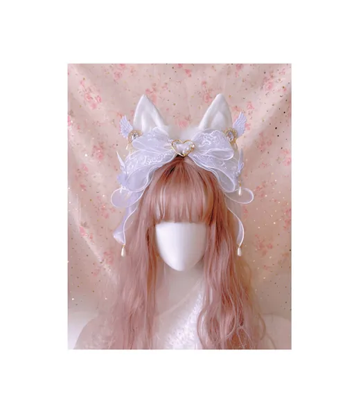 Angel Cat Ears Lace Bow Headband, Cosplay Cat Ears Princess Lolita Headband, Lolita Hair Accessories, Costume White Cat Ears Headband