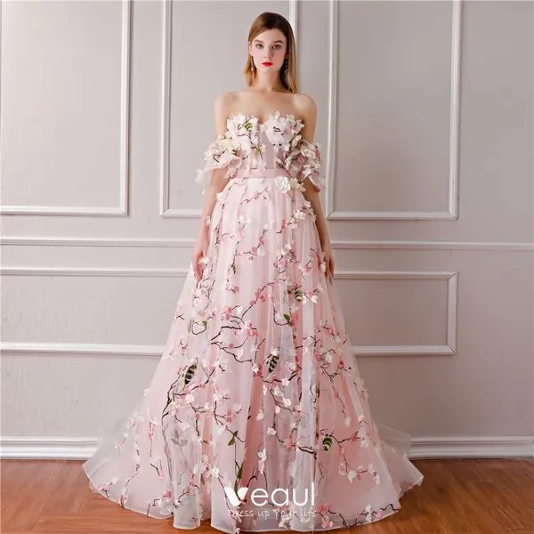 Flower Fairy Blushing Pink Prom Dresses 2019 A-Line / Princess Sweetheart Puffy Short Sleeve Sash Appliques Flower Court Train Backless Ruffle Formal Dresses