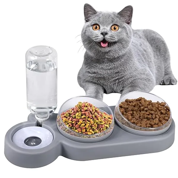 JAMATA 3-in-1 Katzennapf-Set mit 15° Neigung,Doppel-Futternapf für Nass- & Trockenfutter + Automatische Wasserflasche,Gesundheitsfördernd & Einfach zu Reinigen - Ideal für Katzen & Kleine Hunde