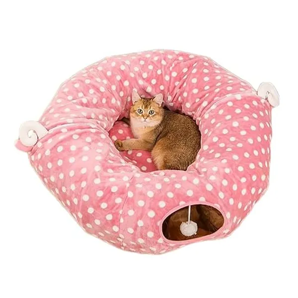 Primst Katzentunnel Katzenbett Katzenhöhle Katzenbett Klappbar Abnehmbarer Bett Katze Tunnel Spielzeug und Bett 2 in 1 Interaktives Versteckspielzeug für Kätzchen (Vollmond,Rosa)