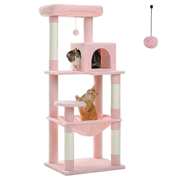 PAWZ Road Katzenbaum mit Metall-Plüsch-Hängematte, Katzenturm für ausgewachsene Katzen mit 2-türigem Condo-Haus, 6-stufige Katzenregale mit Kratzpfosten und großer oberer Sitzstange leichtrosa 143cm