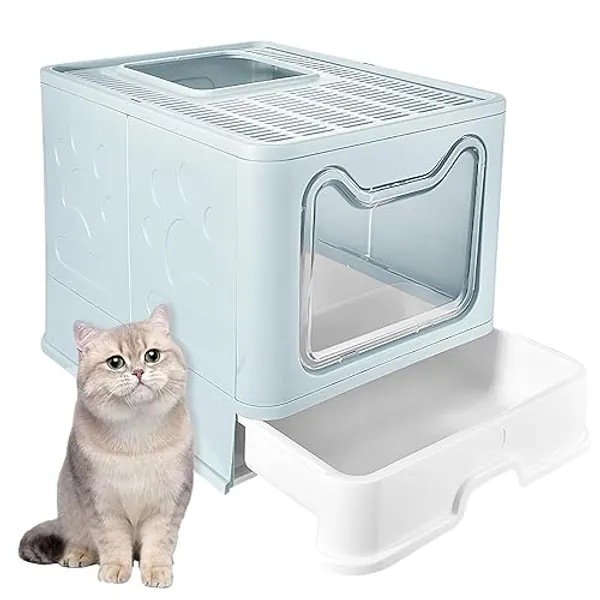 Faltbare Katzentoilette mit Deckel, Schubladentyp Desodorierende Katzenklo mit Luftfilter, Vollständig Geschlossene Gross Faltbare Katzen klo für Katzen Jeden Alters (Blau) …
