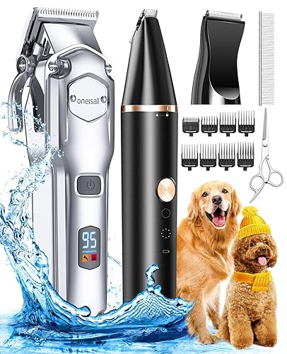 oneisall Dog Grooming Kit for Heavy Thick Hair&Coats/Low Noise Rechargeable Cordless Pet Shaver with Stainless Steel Blade and Dog Paw Trimmer/Waterproof Dog Shaver for Dogs Pets Animals