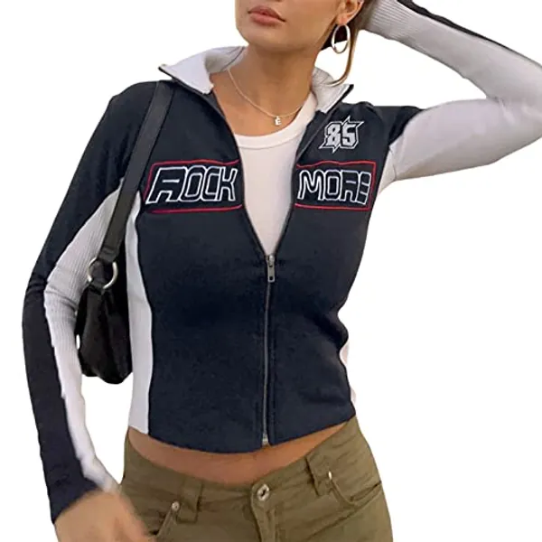 L&ieserram Damen Zip Up Kurze Jacke Vintage College Baseball Jacke Crop Sweatjacke Übergangsjacke Sweatshirt ohne Kapuze Y2K Aesthetic Clothes Frühling Herbst