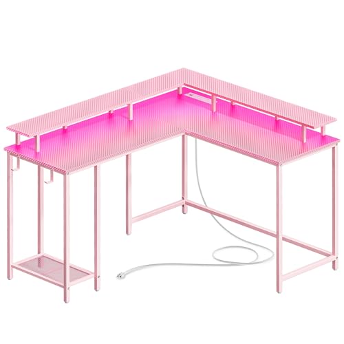 SUPERJARE L Shaped Gaming Desk with Power Outlets & LED Lights, Computer Desk with Monitor Stand & Storage Shelf, Home Office Desk Corner Desk with Hooks, Pink - Pink - 53 inch