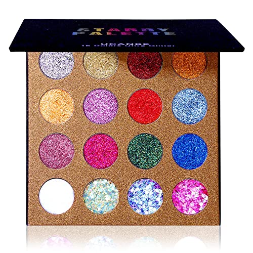 UCANBE Pro Glitter Eyeshadow Palette - Professional 16 Colors - Chunky & Fine Pressed Glitter Eye Shadow Powder Makeup Pallet Highly Pigmented Ultra Shimmer for Face Body - Palette A
