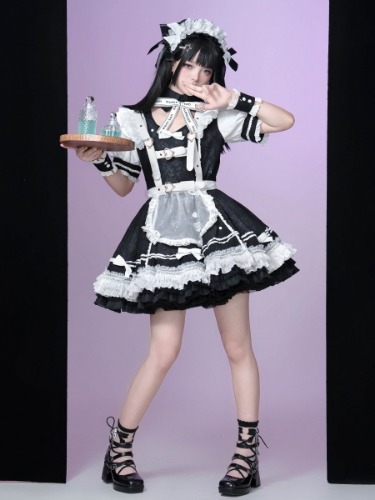 Black and White Punk Maid Dress Short One Piece + White Apron