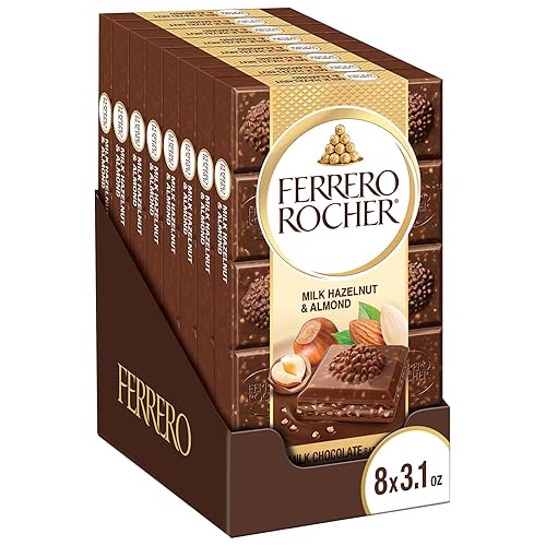 Ferrero Rocher Premium Chocolate Bars, 8 Pack, Milk Chocolate Hazelnut & Almond, Luxury Chocolate, Individually Wrapped Holiday Treats, 3.1 oz Each - Milk Chocolate Hazelnut & Almond
