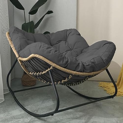 Outdoor Papasan Rocking Chair with Padded Cushion, Oversized Comfy Patio Chair Indoor Wicker Egg Rocker Chair, Steel Frame Modern Lounge Chair for Balcony (Dark Grey,441lb Capacity)