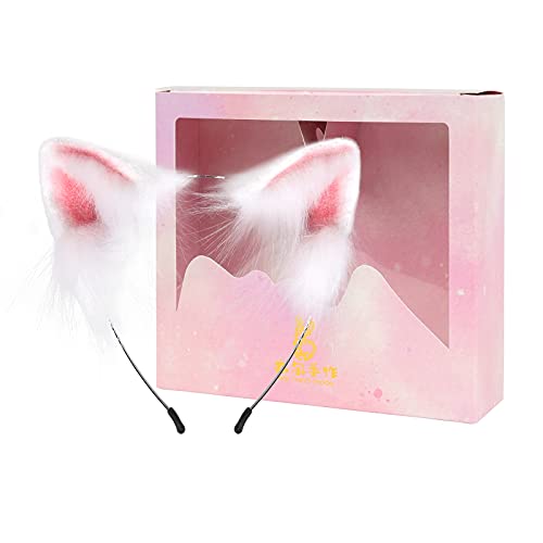 Cat Fox Wolf Ears Cosplay Long Fur Hair Headband Wolf Animal Anime Halloween Cosplay Costume for Girls - Whitepink