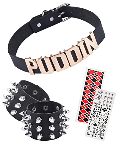 ABONDEVER Quinn Puddin Choker Halloween Set Adjustable Punk Leather Letter Collar Necklace Tattoo Stickers Rivets Spike Bracelet Halloween Harley Cosplay Accessories for Women Girls