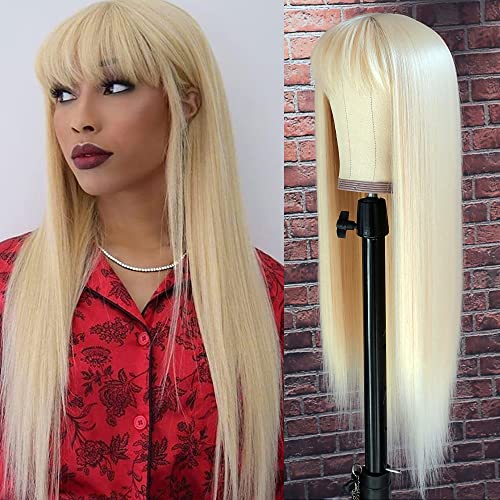 QD-Tizer #613 Blonde Long Straight Synthetic Hair Wigs with Bangs Women's Costume Wig Heat Resistant Hair Replacement Wig - B-Blonde