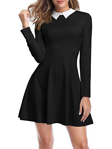 TORARY Womens Long Sleeves Halloween Costume Peter Pan Collar Aline Fit and Flare Wednesday Addam Dress - Large - Black