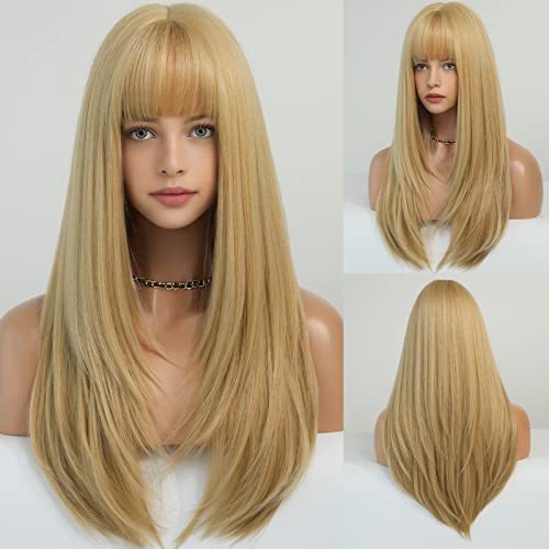 PARK YUN Blonde Wigs with Bangs, 24 Inch Heat Resistant Layered Synthetic Wigs Long Straight Wigs for Women for Daily Party Use - Blonde