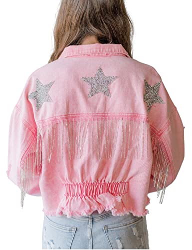 Esmeling Womens Cropped Rhinestone Fringe Jean Jacket Distressed Star Print Denim Jacket - Pink - Medium