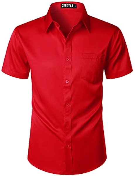 ZEROYAA Men's Casual Urban Stylish Slim Fit Short Sleeve Button Up Dress Shirt with Pocket