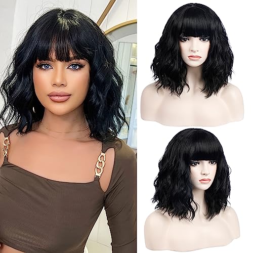 incohair 14 Inches Black Wig with Bangs Pastel Wavy Wig Women Girls Short Curly Bob Wig Shoulder Synthetic Cosplay Party Wigs Wig Cap Included (Black) - Black